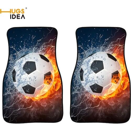 2Pcs Soccer Ball in Water and Fire Print Car Floor Mats Auto Interior Decoration Carpets Non-Slip Car Mats Polyester Car Mats