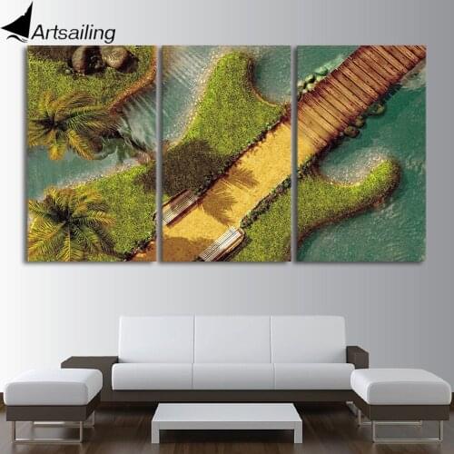3 piece canvas wall art HD Printed guitar tree Bridge resort Painting room decor print poster picture Free shipping CU-1411C