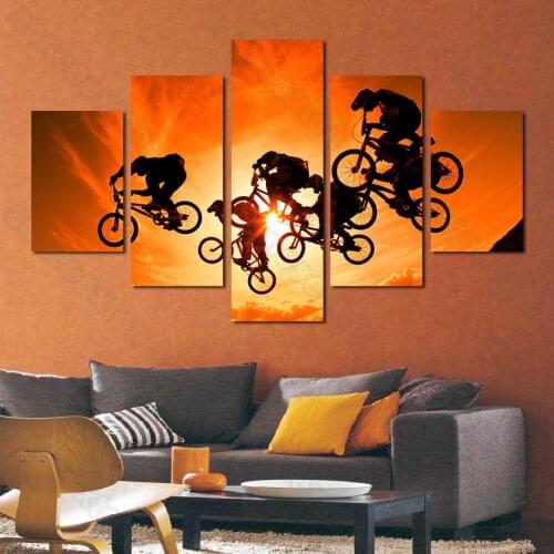 5 Pieces Hd Printed Canvas Cyclists In The Sun Light Painting Poster and Print for Living Rooms Bedroom Gallery Wall Decoration