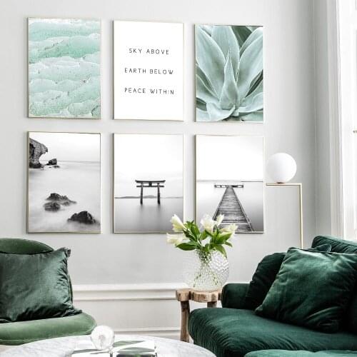Green Plant Agave Abstract Wall Art Print Black White Seascape Canvas Painting Nordic Poster Wall Pictures For Living Room Decor