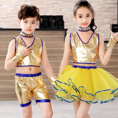 Glitter Children Jazz Dance Suit Kids Hip-hop Clothing Children Stage Dancewear Paillette Modern Dress Girl Cheerleading Clothes