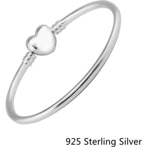 CKK 925 Sterling Silver Moments Silver Bangle Bracelet, Heart Clasp Original Fashion Jewelry For Women
