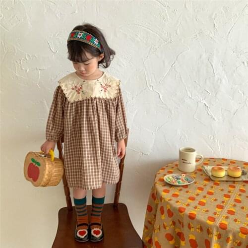 Spring autumn girls embroidery collar plaid dresses cotton retro loose long sleeve princess dress