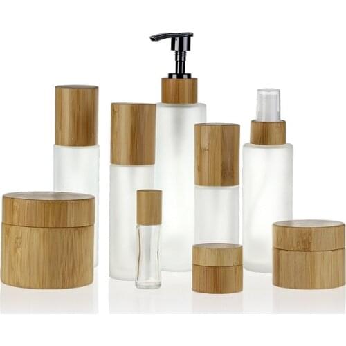 Frosted Clear pumps tops bamboo lotion bottle 30ml 50ml 100ML 120ML 150ML Frost Glass Mist Spray Bottle