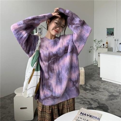 JuneRain Winter New Women Vintage Tie Dye Oversize Sweater Warm Thick Purple Pullovers Batwing Sleeve BF Tops Knitted Outwears