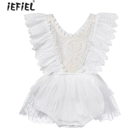 Summer Baby Girls One-Piece Romper Outfit Ruffled Flutter Sleeves Solid Color Lace Embroidery Tulle Romper Newborn Baby Clothes