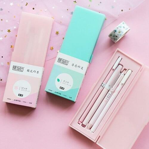 Macaroon Color Pink Mint Sakura Gel Pen Set With Pencil Box The Office Pens 0.5mm Black Ink Cute School Girls Gift Stationery