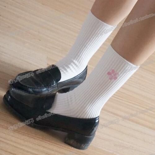 Japanese JK Uniform Style Womens Sakura Embroidery Super Cute Cotton Socks Kawaii Mid Calf Crew Socks Color White
