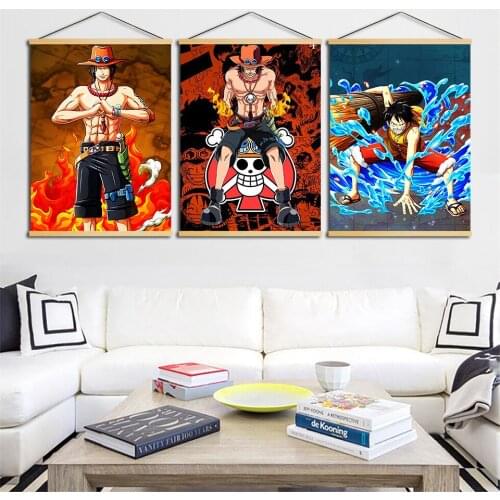 Print Poster Solid Wood Hanging Scrolls Animation One Piece Wall Art Nordic Style Canvas Picture Simple Painting Home Decoration