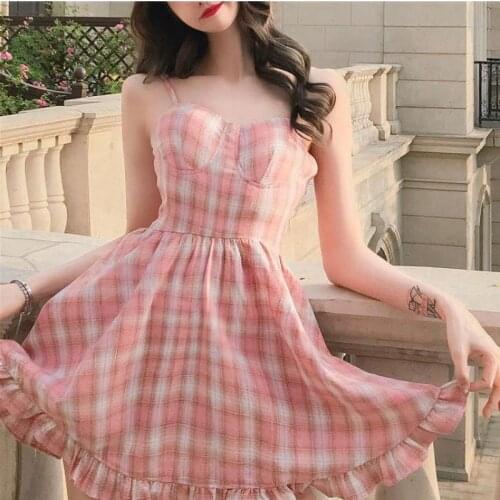 Sleeveless Sling Women Dress Korean Sweet Pink Plaid Print Ruffle A-line Dresses 2021 Summer Sexy Beach Mini Dress Vestidos