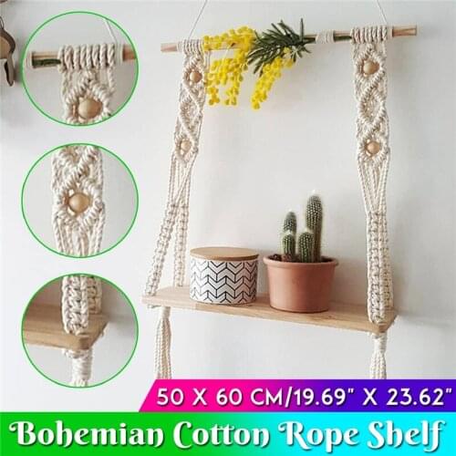 Hand-Woven Macrame Tapestry Rack Wall Hanging Wooden Shelves Rope Plantpot Book Shelf