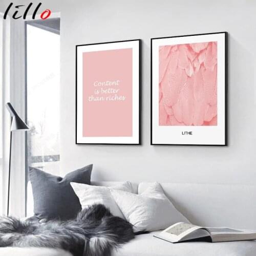 Pink flower feather dandelion print posters nordic plant leaf wall pictures life quotes travel Scanvian decorative painting