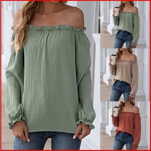 Sexy Slash Neck Ruffles Long Sleeve OfficeLady Tops Spring Women One Word Shoulder Pure Color Loose Chiffon Shirt
