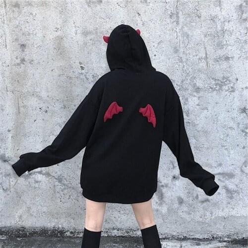 2020 Autumn Winter Women Hooded Sweatshirts Punk Black Gothic Devil Horn Chic Hodies Pullover Anime Kawaii Cute Female Tops