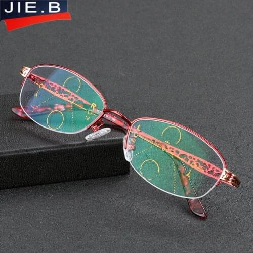 JIE.B Brand Progressive multi-focal lens Reading Glasses Women Half-Rim See Near Far+100+125+150+175+200+225+250+275+300+325+350
