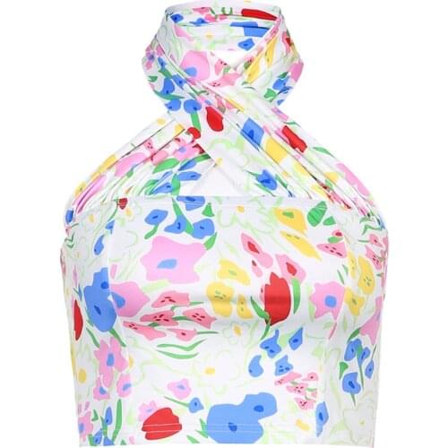 Women Sexy Criss Cross Halter Crop Top Off Shoulder Cutout Bandage Backless Camisole Boho Colorful Floral Print Bralette Vest