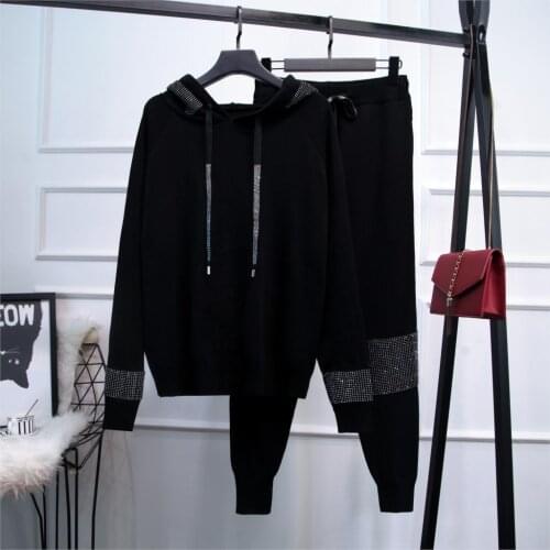 2021 spring new knitted suit womens fashion hot drilling hooded loose sweater and casual pants 2 piece black