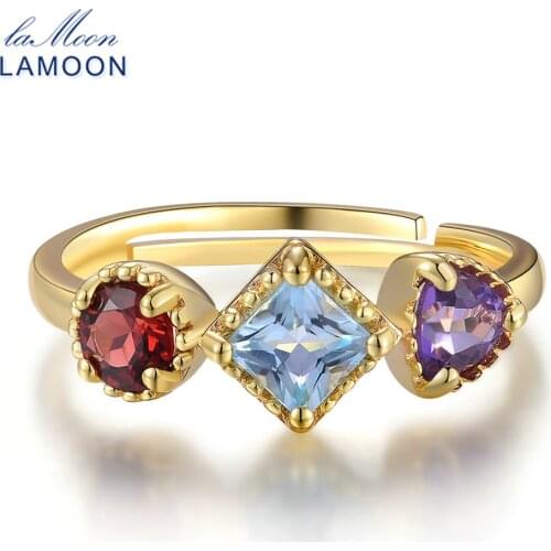 LAMOON 3 Colors Gemstone 925 Sterling Silver Rings for Women with Amethyst & Garnet & Topaz Fine Jewelry Ring Accessories RI011