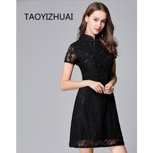 TAOYIZHUAI 2019 New Arrival Spring Hollow Out Lace Decoration Plus Size Short Sleeves Black Style Women Cheongsam Dresses 11632