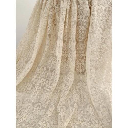 1 Yard Ivory Embroidered Tulle Lace Fabric With Elegant Florals Stripes Beige Mesh Lace Fabric Retro Style Curtain Lace Fabric
