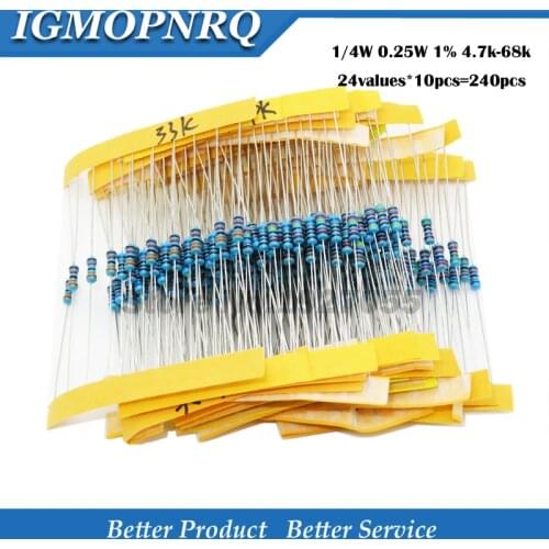 24valuesX10pcs=240pcs 1/4W 0.25W 1% 4.7k-68k Metal Film Resistor component diy kit package 4.7K 10K 15K 20K 47K 56K 68K ETC