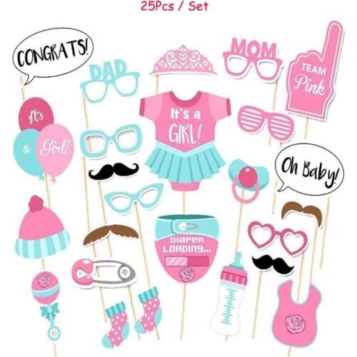 25pcs Lovely Girls Boys Baby Shower Birthday Party Gender Reveal Photo Booth Props on Sticks Set Decorations for Party Fav