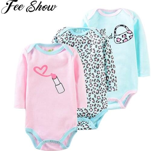 3 Pieces/lot Baby Girls Clothes Lipstick leopard Printed Clothes Bodysuit for Newborns 100% Cotton Romper Long Sleeve Jumpsuit