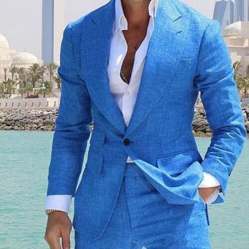 Linen Blue Summer Beach Wedding Tuxedos Peaked Lapel Costume One Button Groom Wear Formal Best Man Blazer Suits (Jacket+Pants)