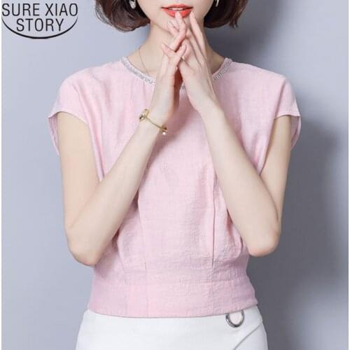 Elegant Women Chiffon Pink Women Blouse Fashion Office Shirts 2021 New Blouses Short Sleeve Ladies Tops Chemise Femme 9043 50