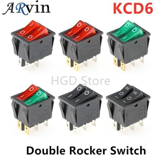 KCD6 16A 250V AC Rocker Switch Boat Switch 6pins With Lamp ON-OFF Red The Electric Grill Green Electric Heater Double Ship Type