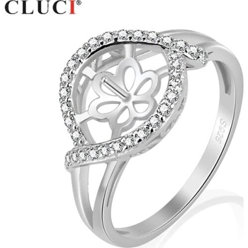 CLUCI Silver 925 Zircon Pearl Ring Mounting Jewelry for Women Engagement 925 Sterling Silver Flower Rings SR1056SB