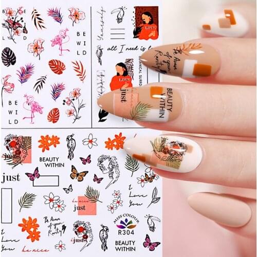 Simple Abstract Lady Face 3D Nails Sticker Summer Flower Leaf Transfer Nail Decals Slider Geometric Line DIY Nail Art Decoration