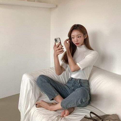 2021 spring and autumn new retro five-point sleeve half high collar bottoming shirt blouse t-shirt t shirt for women