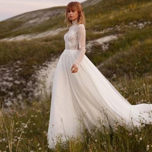 Bride Dress High Neck 2021 Sweeping Train Lace Tulle A Line Elegant Looming Upper Body Can Be Customized Size And Color