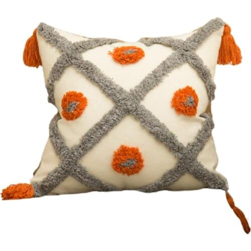 Nordic Style Orange Gray Tufted Throw Pillow Case with Tassel Boho Woven Embroidery Geometric Striped Decorative Square Cushion