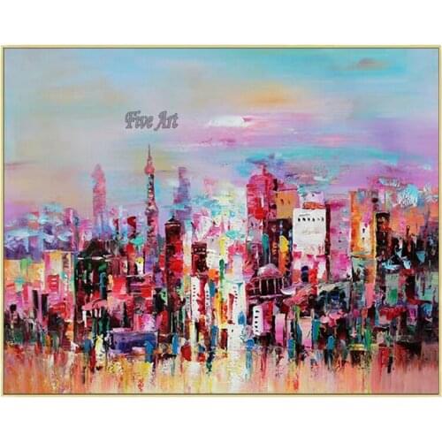 Pure Handmade Cheap Canvas Art Abstract City Building Scenery Oil Painting Wall Decor Panel Artwork Unframed Canvas Picture Art