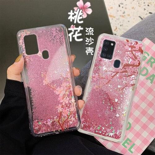 Glitter Quicksand Peach Blossom Liquid Phone Case For Samsung A51 A71 A50 A70 A11 A20s A21s A31 A30s A11 Pink Flowers Soft Cover