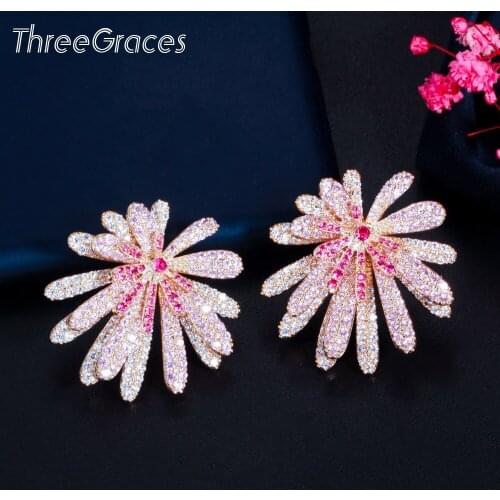 ThreeGraces Elegant Pink Cubic Zirconia Big Statement Firework Flower Stud Earrings for Women Luxurious Wedding Jewelry ER607