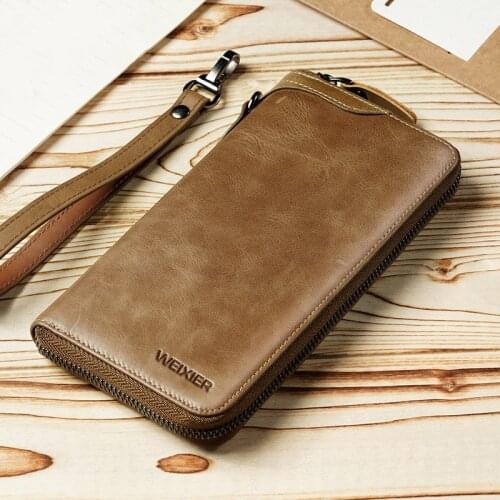 Vintage Genuine Leather Men Wallets Luxury Business Long Zipper Purse Men Birthday Gift Clutch Bag Cow Leather Purse Card Holder