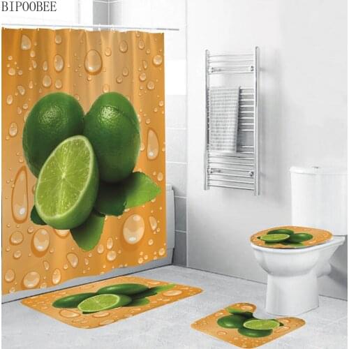 Green Lemon Pattern Bathroom Shower Curtain Toilet Lid Cover Rug Anti-slip Mats Carpet Lime Bath Curtains with Hooks Home Decor
