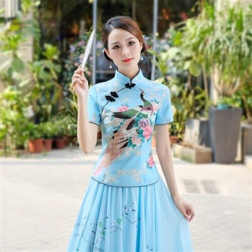 Sheng Coco Peacock Printed Blouses Elegant Small Fresh Short Sleeve Cheongsam Top Flowers Qipao Shirt Women Hanfu Suit-dress