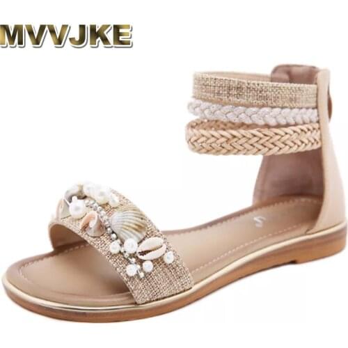 MVVJKE 2021 New Style Womens Sandals Shell Beaded Low Heel Retro Roman Shoes