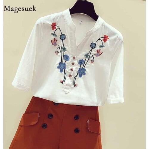 2020 Summer Embroidery V-Neck Womens Tops and Blouses Women Plus Size Short Sleeve Shirts White Floral Women Shirts 3140 50