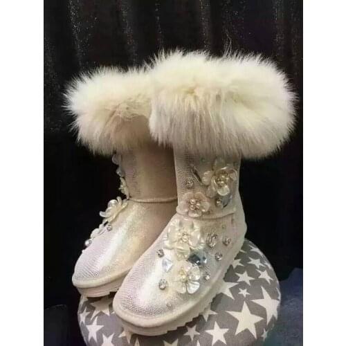 Autumn and winter new style handmade rhinestone imitation pearl flowers fox hair mid-tube snow boots women cotton shoes