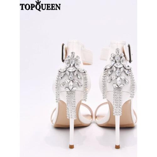 TOPQUEEN-A21 Open toe Wedding Dress Shoes Women White Tassel Rhinestone Heels Ankle With Summer white wedding shoes for a bride