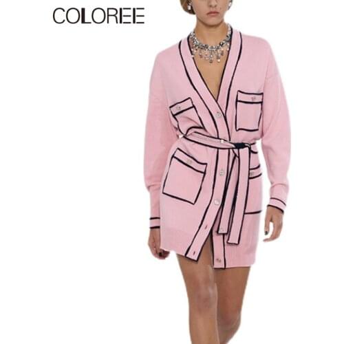 European Runway Designers Long Sleeve Top 2021 Spring Autumn Elegant Pink V-neck Knitted Sweater Women Long Cardigan Women