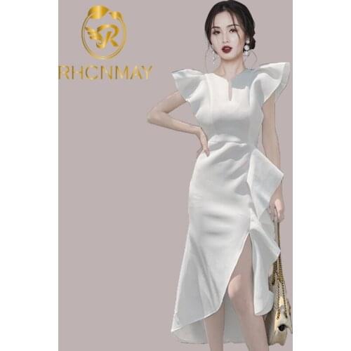 Korea Summer High Quality New Design Three-Dimensional Ruffled Irregular Hem Slim Bag Hip V-Neck Sleeveless Dress 2021 Ladies