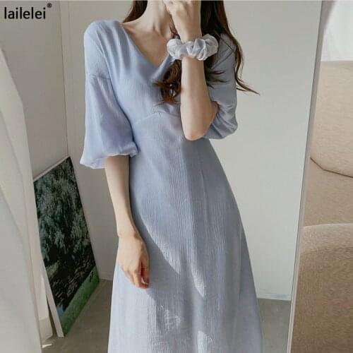 V-Neck A-Line Chiffon Midi Dress White Maxi Dresses For Women Vestidos Mujer Verano 2021 Beach Elegant Vintage South Korea Jurk