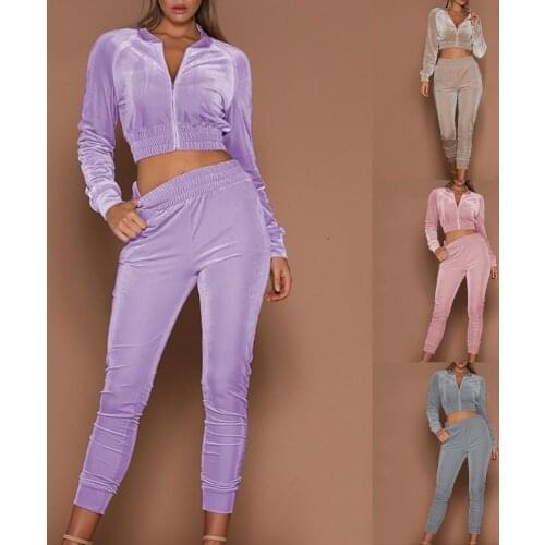 1 Set Sportswear Sweatshirt Sweatpants Set Velvet Surface Zipper Women Long Sleeve Crop Top Elastic Waist Pants for Sports