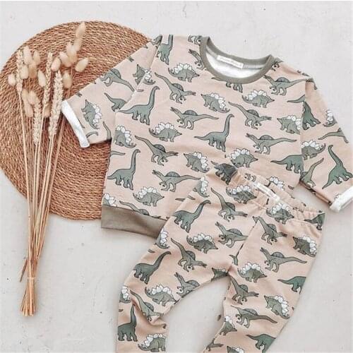 1-6Y Fashion Children Kids Girls Boys Autumn Clothes Sets Cartoon Dinosaur Long Sleeve Sweatshirt Tops+Pants 2PCS